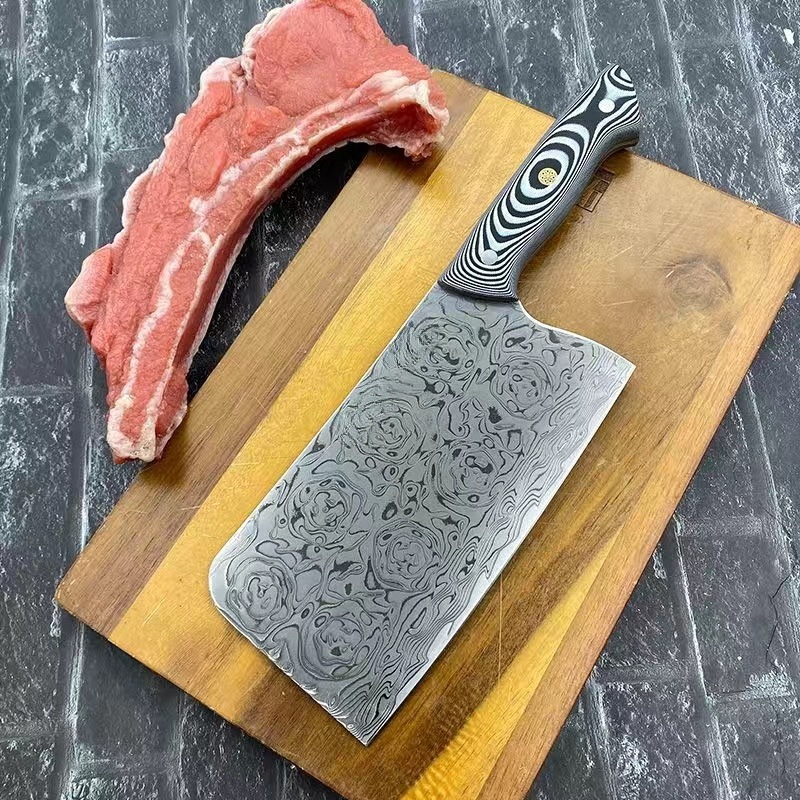 手工锻打大马士革钢玫瑰纹斩切两用刀切菜切片切肉刀锋利厨房刀具
