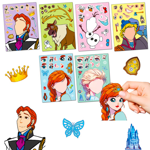 Eight kinds of 6 pieces per pack prince and princess cartoon puzzle stickers for kindergarten children, cartoon intelligence DIY face-changing stickers