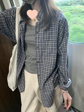 韩版蓝色格子长袖衬衫女春季2025新款慵懒风衬衣外套宽松显瘦上衣