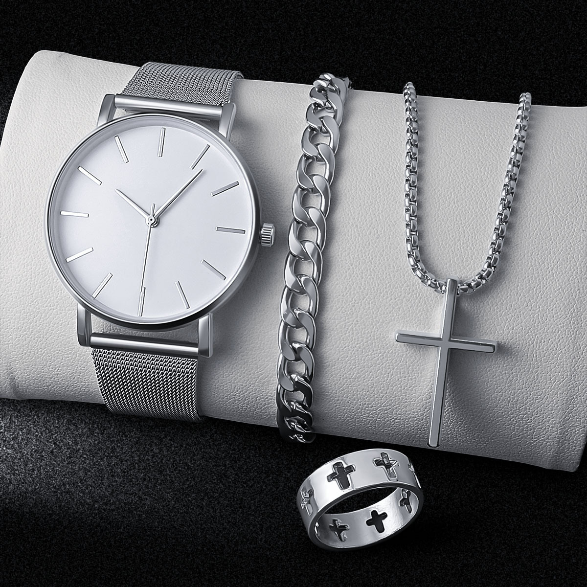 超薄中性合金网带石英腕表 男士手表 女士表 时尚流行十字架戒指