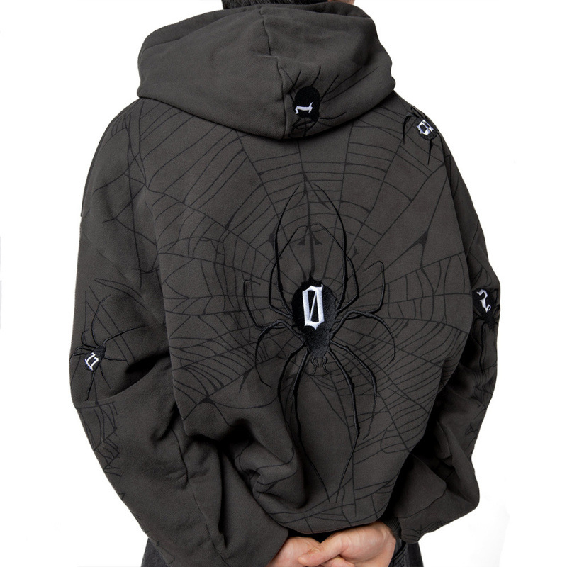 Punk Street Hoodie – Gotische Spinnenweb & Letter Print, Oversized Unisex Trui Voor Hiphop & High Street Mode_voghion.com