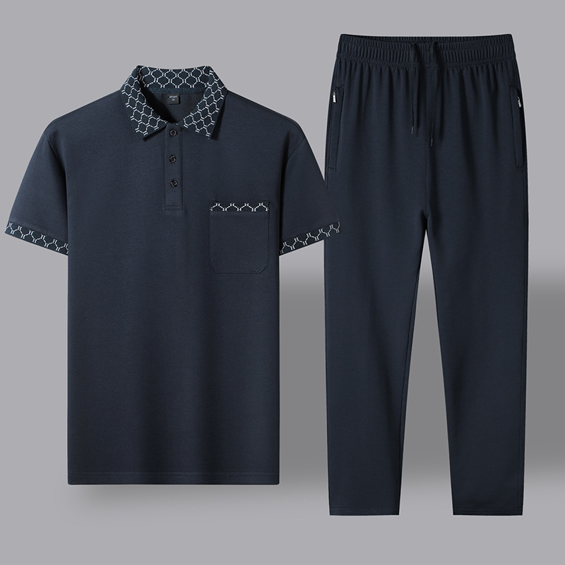Papá verano algodón casual set hombre de manga corta de mediana edad suelta polo casual con solapa abuelo pantalones largos