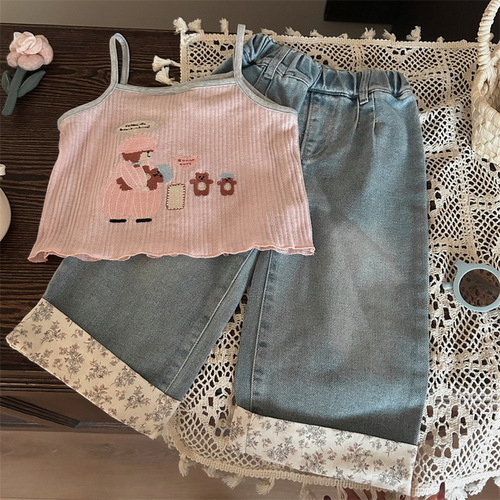 Korean Children's Summer 2024 New Cartoon Strappy Top for Girls, Trendy Embroidered Children's Outerwear, Versatile Backless Tee