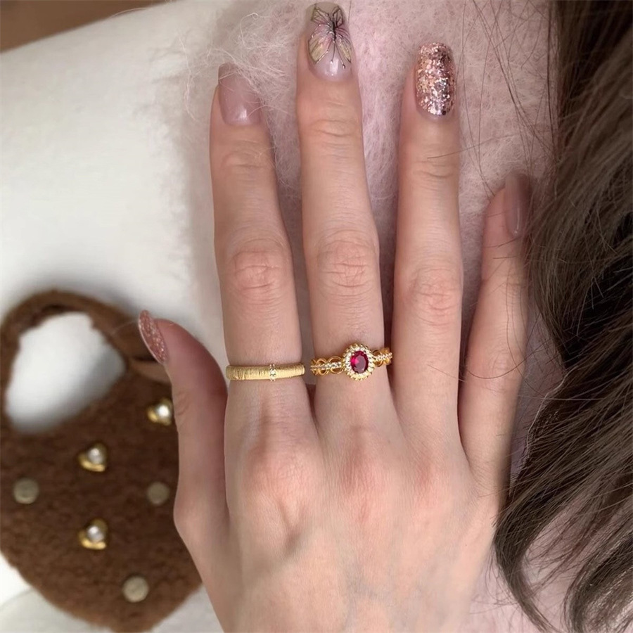 vintage中古風紅寶石戒指女復古精緻簡約小眾設計感蕾絲鋯石指環