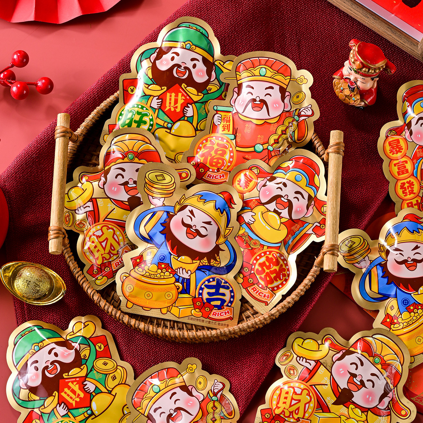 Spring Festival New Year Candy, Five-Way Wealth God Fruit-Flavored Gummies, Opening Celebration Candy, Commercial Reception Candy