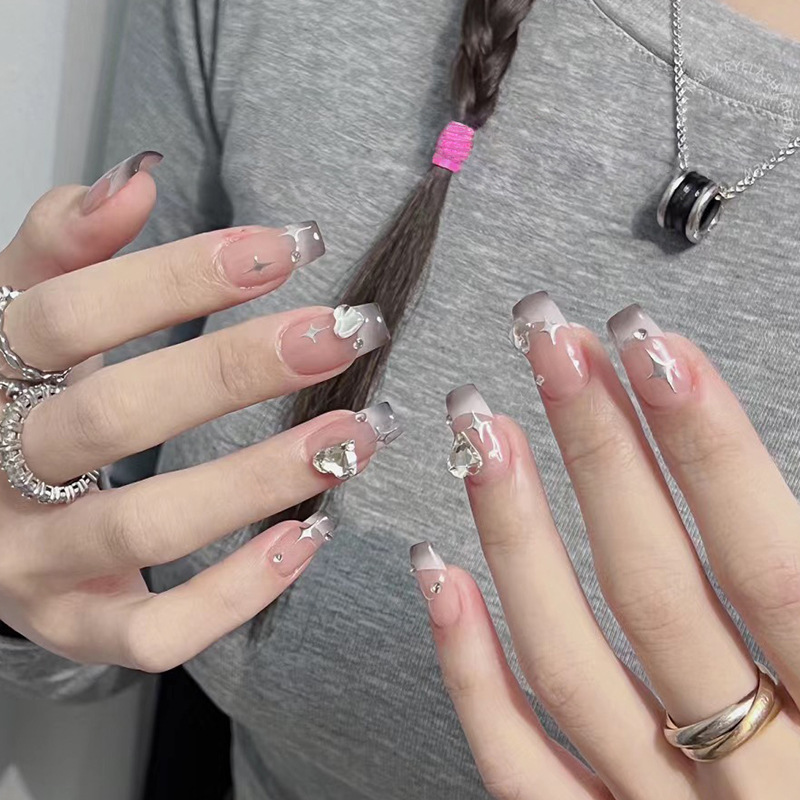 Mid-length gray gradient star nail art online celebrity flash love Diamond wear nail fake nail finished nail sticker
