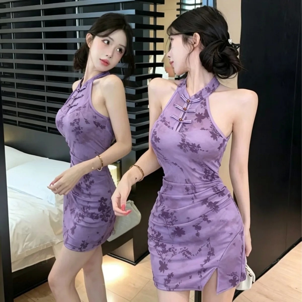 新中式国风年轻款旗袍连衣裙女无袖减龄紧身收腰包臀开叉短裙子夏