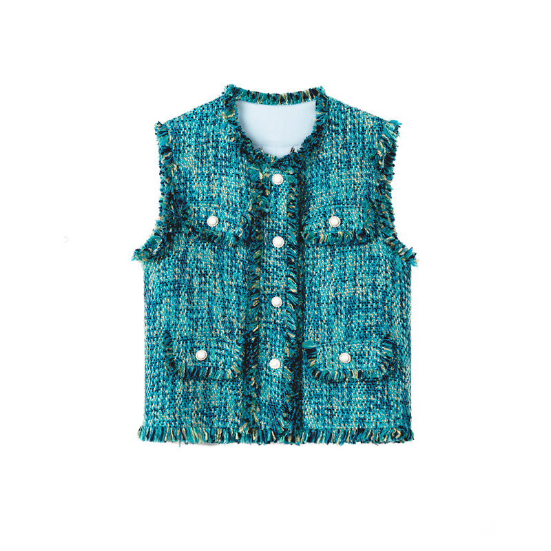 Peacock Color Spring New Arrival Fringe Chanel Vest Tweed Woven Sleeveless Vest