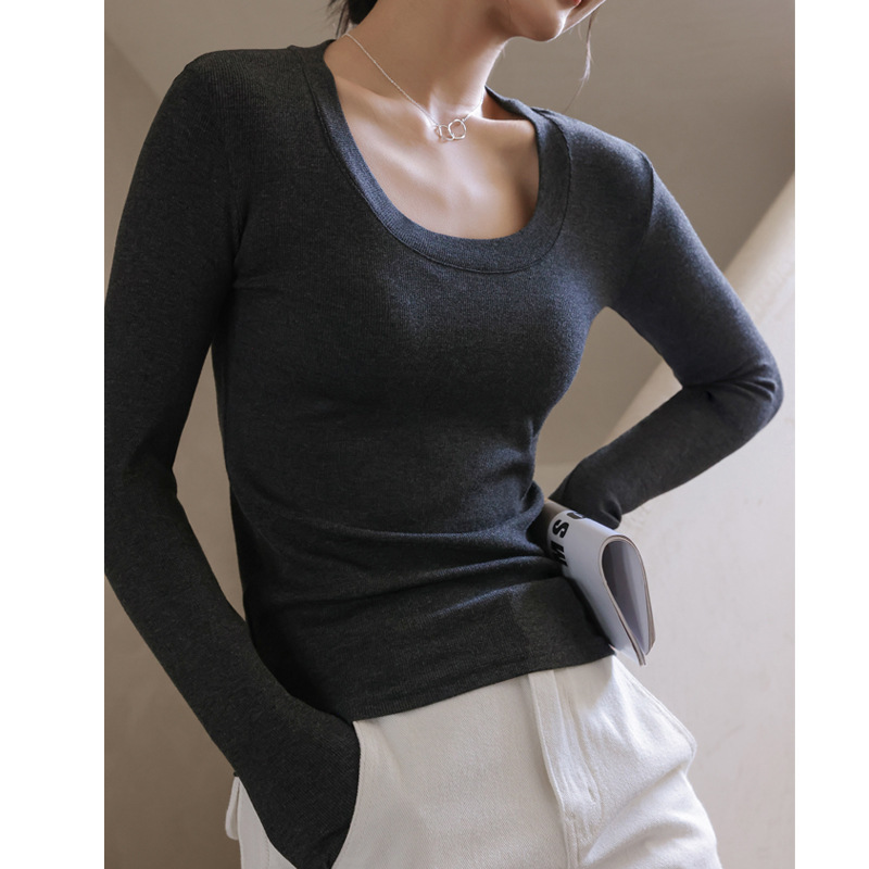 Threaded Modal Pure Color Large Round Neck Long-Sleeved Bottoming Shirt for Women in Autum Slimming Look Inner Top Right Shoulder T-Shirt