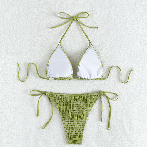 European and American trendy printed halterneck sexy bikini Foreign trade pleated lace-up triangle spa split swimsuit