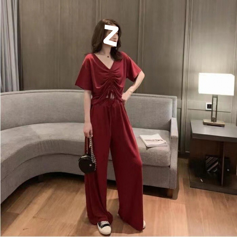 Sports suit Women's Summer New Collar Short-sleeved Wide-leg Pants Two-piece Set Korean-style Loose Women's Casual Wear Fashion