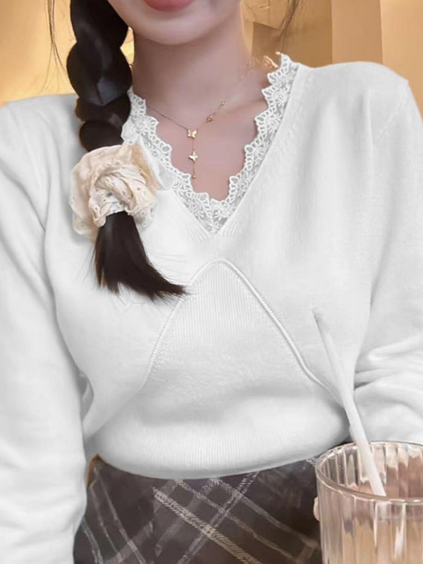 Demi-season cute lace solid color elegant sweater
