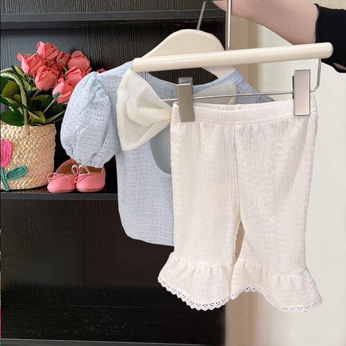 Little Girl Short Sleeve Set 2024 New Children's Summer Solid Color Stylish Bowknot Backless Top and Trumpet Pants Set
