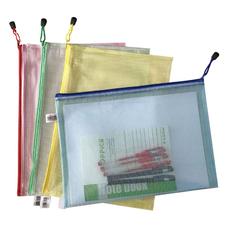Papelería al por mayor impresa LOGO bolsa de archivo de rejilla A4 Oficina almacenamiento transparente bolsa de cremallera Portátil Bolsa de información del estudiante