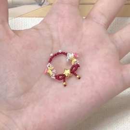 福星！酒红编绳戒指小众设计感显白精致新中式彩色花朵珍珠指环