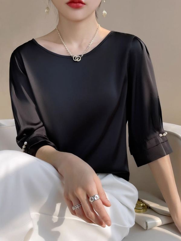 デパートの同じ半袖tシャツの女性夏2025の新型の肩の高級感の酢酸のサテンの百合の質感の底のシャツ|undefined