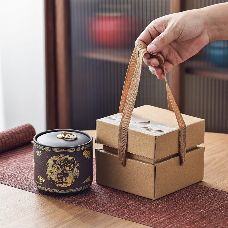Full-color Dragon and Phoenix Zisha Tea Canister Tea Storage Box Small Straight Canister Gift Box Tea Sealing Box Medium Black Tea Pu-erh Storage Canister