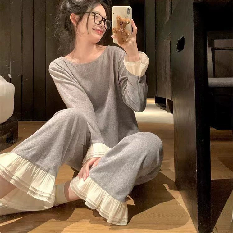 New Pajamas Women's Korean Style Simple and Comfortable Ruffled suit Casual Loose Casual Outer Wear Home Clothes