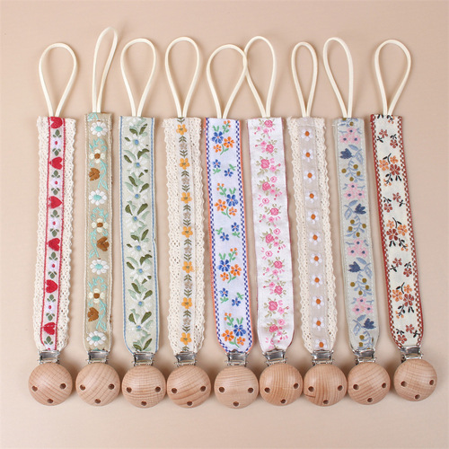 Ins infant embroidery pacifier chain baby teether small toy anti-drop lace beech wood pacifier clip hanger cord