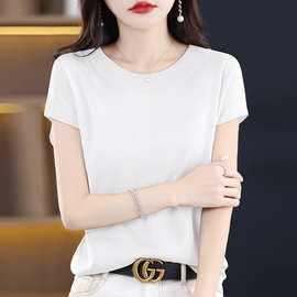 2024夏季新款休闲短袖女圆领针织衫包袖T恤宽松洋气亮丝气质上衣