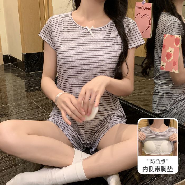 Estilo explosivo con almohadilla para el pecho, seda de hielo, cuello redondo acanalado, Douyin Live, libro rojo, moda de verano, pijamas de manga corta, servicio a domicilio para mujeres image 8