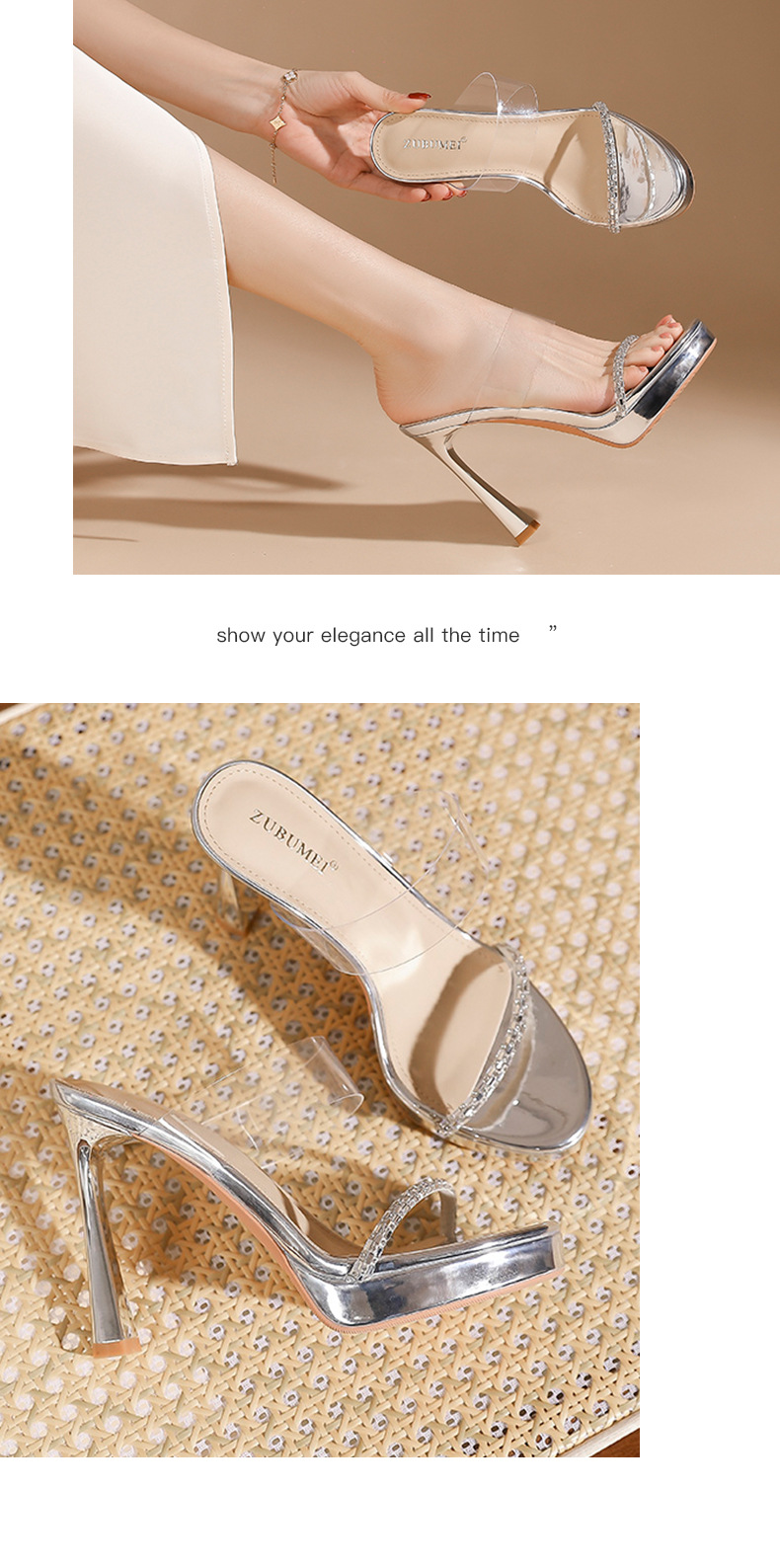 Sandal cao gót nữ quai ngang trong suốt, gót nhọn 9 cm, đế platform — trà sữa chi tiết 8