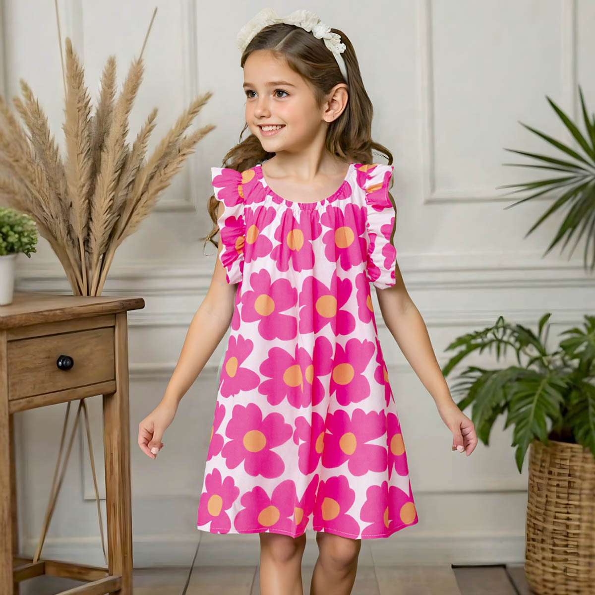 2026 Summer Girls' Dress with Cute Floral Print, Sweet Flutter Sleeves, A-Line Skirt, Round Neck Pullover Hem