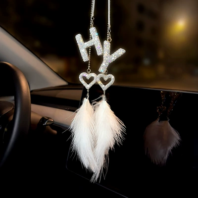 Cross-Border Popular Diamond-Encrusted 26-Letter Alphabet Car Hanging Ornament, Clay Rhinestone Car Rearview Mirror Decoration, Car Interior Decoration (Car hanging) - pendant-2-letters-love-feather-pendant-remark-letters-when-placing-order