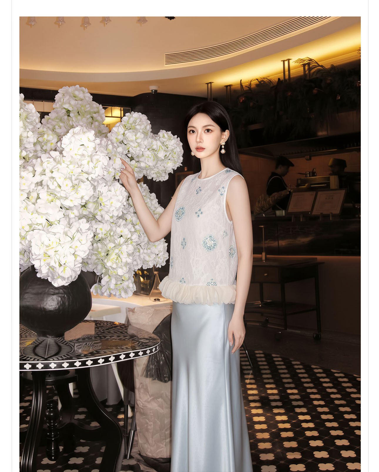 Bộ áo gile đính cườm thêu hoa cách tân + chân váy trơn thanh lịch nữ — bộ đồ, Trang chủ, Màu xanh nửa váy chi tiết 8