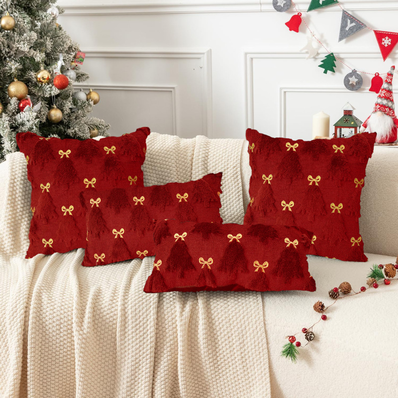 スノーフレーククリスマスツリー刺繍毛リビングルームソファクッションクリスマスぬいぐるみ枕カバーパーティー装飾枕カバー|undefined