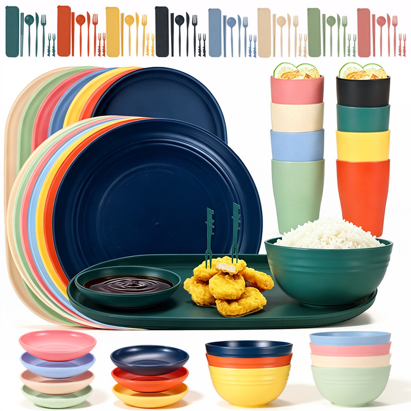 New cross-border wheat straw plate, bowl, cup, cutlery, spoon, and chopstick set for home use, oval dinner plate, sauce dish, salad bowl, tableware