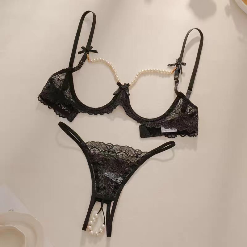 Glow-In-The-Dark Pearl Luster~ Hollow-Out Erotic Lingerie for Women, Teasing and Revealing, Push-Up Underwire Bra, Crotchless Panties, T-String Passion Set