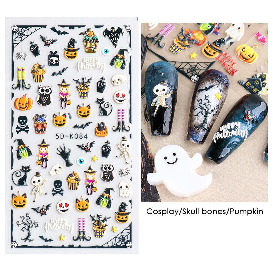 Cross border new nail relief sticker 5D three-dimensional hollow dark Halloween pumpkin bat lace nail paste