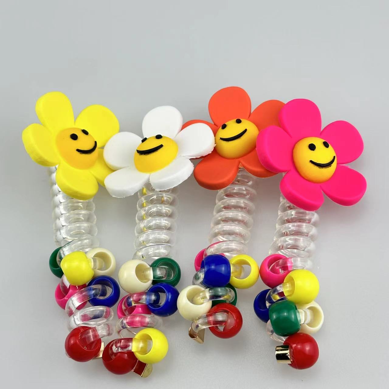 Chica sol línea telefónica anillo de cabello sonriente transparente cola de caballo artefacto de cabello trenzado perlas alrededor de cuerdas de cabello joyas