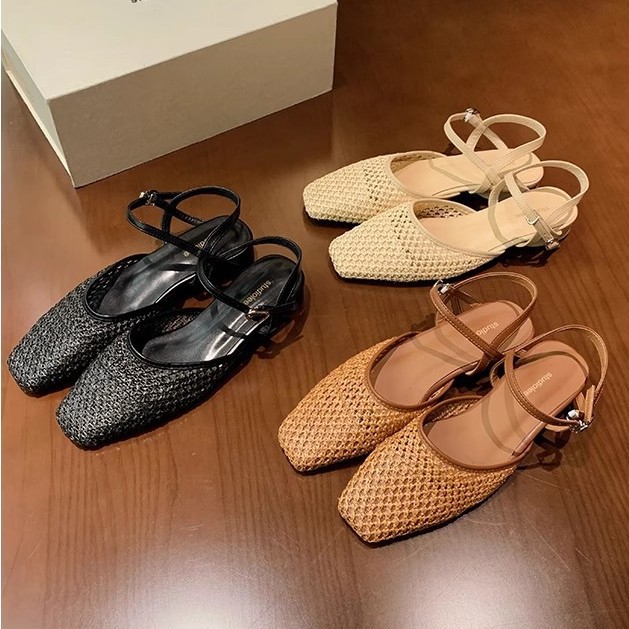 French-Style Hollow Woven Small Square-Toe Shallow Thick-Heeled Versatile Open-Back Sandals for Women in Summer