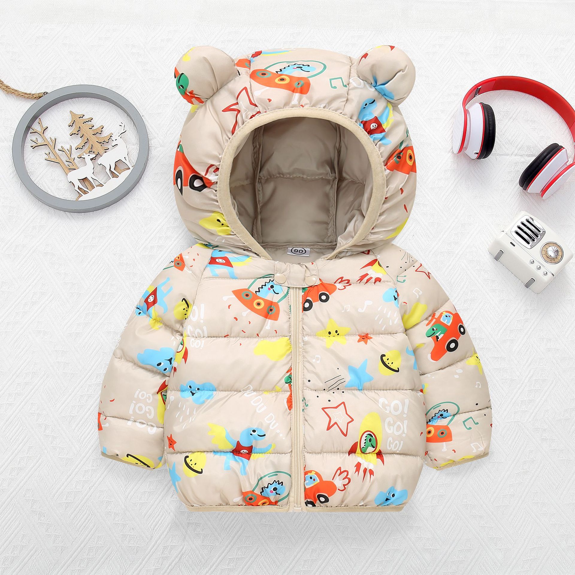 2024 nuevo otoño e invierno Bebé niños y niñas con capucha orejas impresas de algodón acolchado ropa exterior de bebé desgaste exterior de bebé ligero desgaste exterior