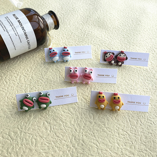 S925 Silver Cute Cartoon Ugly Cute Sausage Mouth Small Animal Fun Matchable Cute Little Chicken Big Mouth Monkey Earrings