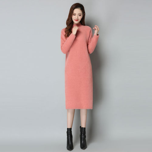 Autumn and winter new arrival: semi-high-neck faux mink velvet elegant dress—plush mid-length bottoming shirt, trendy and stylish.