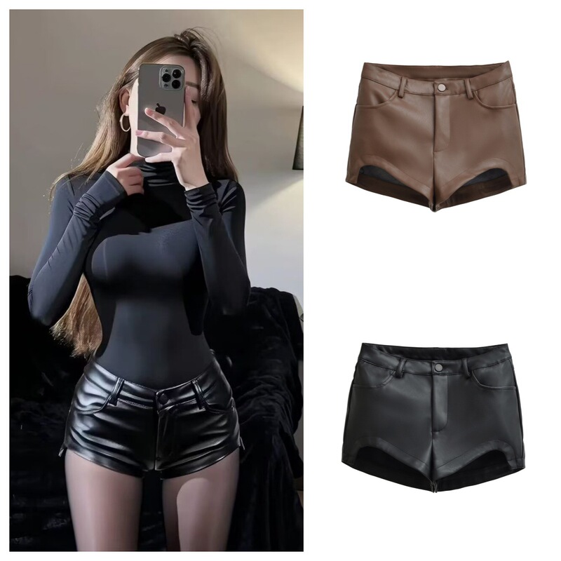 American-Style Coffee-Colored Slim-Fit Pu Leather Shorts for Petite Women, New Spring Model with Hip Pads, Tight-Fitting Hot Pants