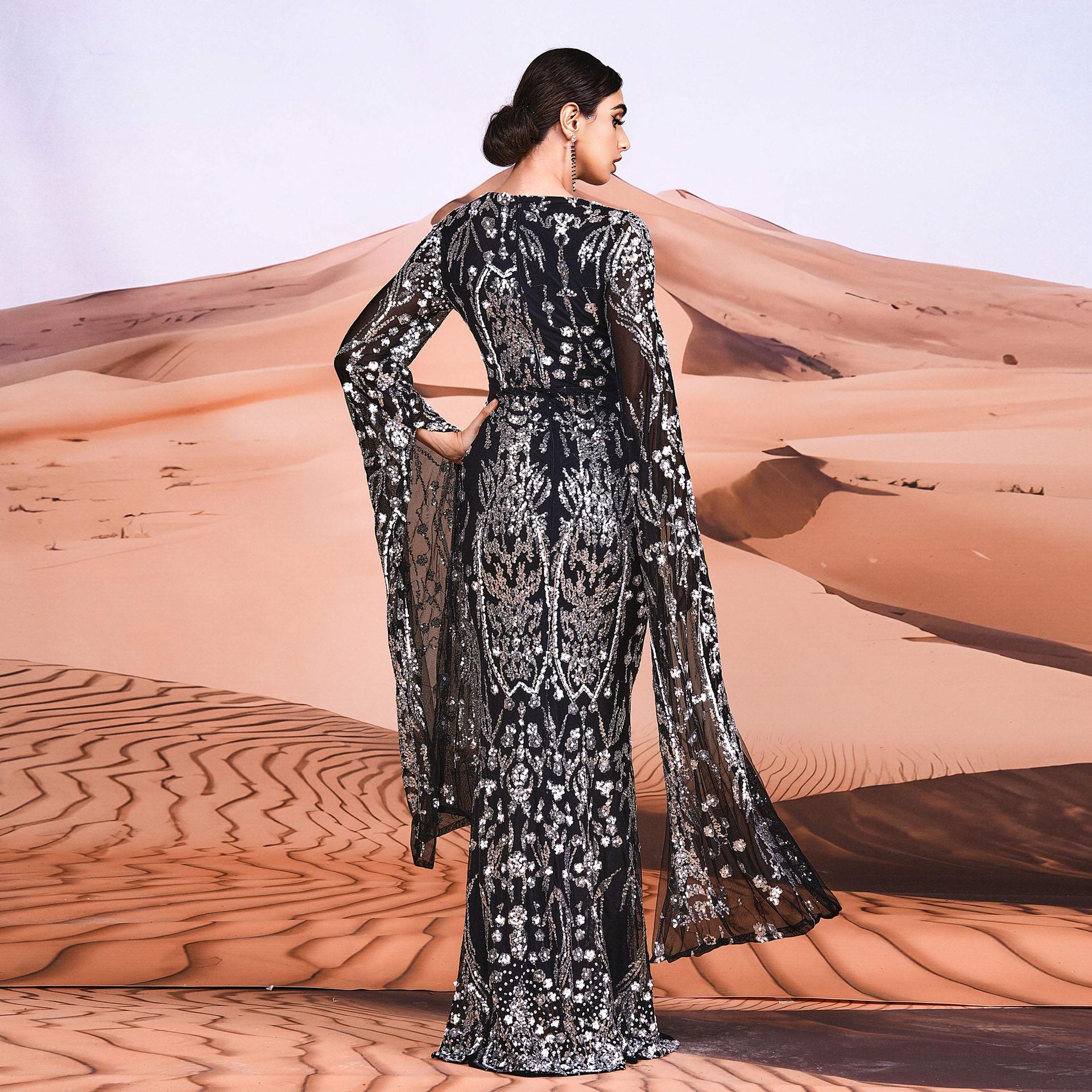 Women's Clothing ultra long sleeve temperament round neck sexy slim long sequined banquet evening dress bridesmaid dress_voghion.com