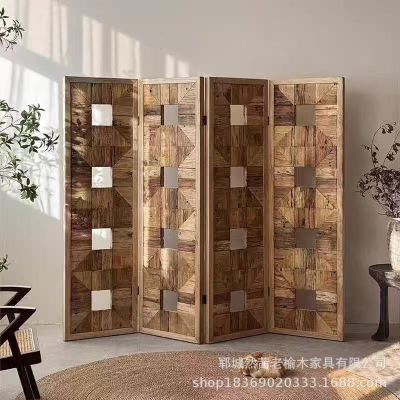 Old Elm Screen Solid Wood Foldable Parquet Partition Movable Sofa Background Wall Photography Props Folding Screen