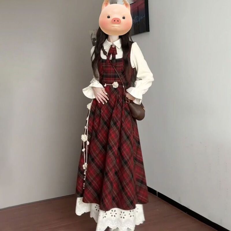 Autumn and Winter Two-Piece Suit Korean Retro Red Woolen Plaid Vest Dress + Apricot Shirt for Women with Bow Tie