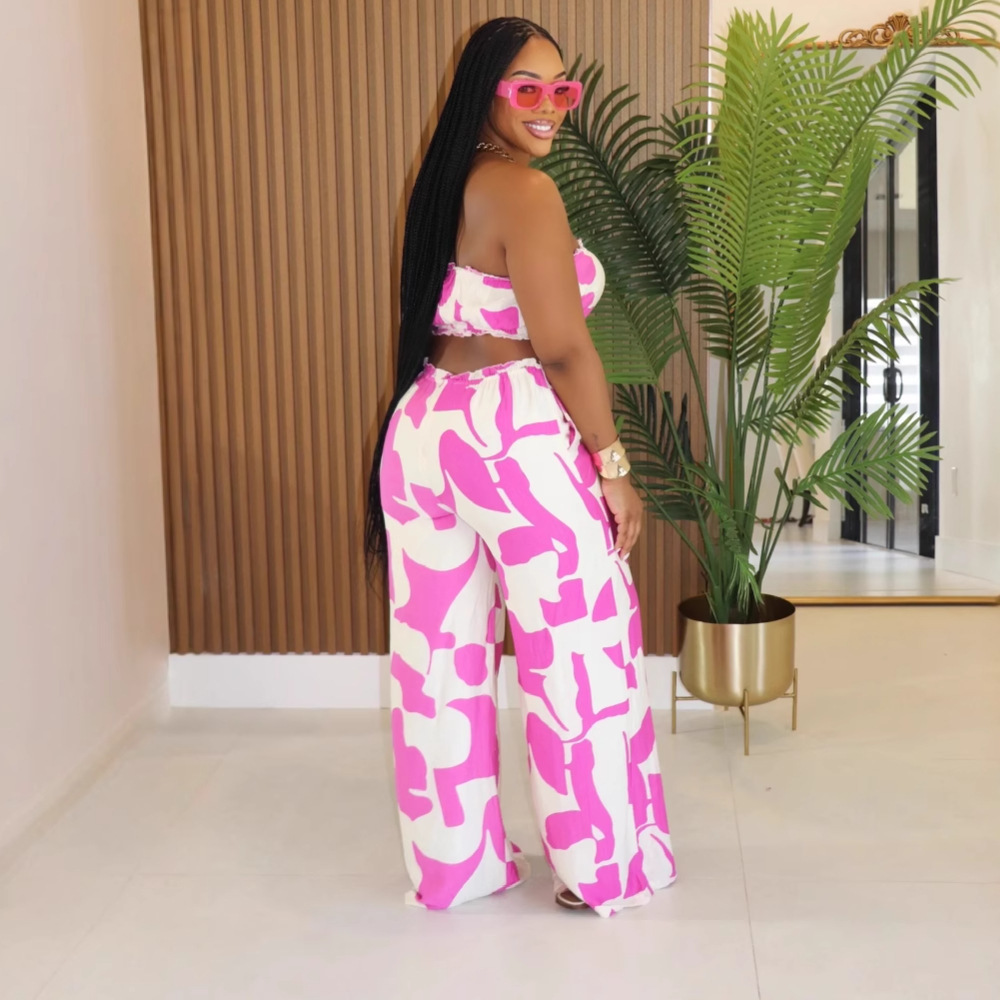 Elegant Strapless Printed Jumpsuit For Women Wide Leg Bottoms Casual Summer Polyester Thin Comfortable_ecoleips.com