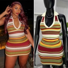 2025春夏新款彩色条纹针织连衣裙 翻领挂脖V领修身包臀裙 欧美风