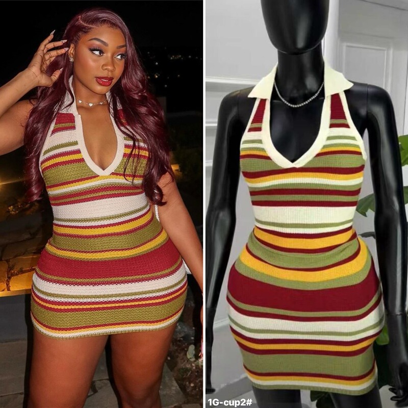2025 Spring/Summer Colorful Striped Knit Dress with Turn-Down Collar, Halter Neck, V-Neck, Slim Fit, Bodycon Dress, European and American Style, Backless
