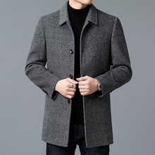 秋冬鹅羽绒内胆羊毛呢大衣中年男中长款人字纹休闲呢子外套上衣