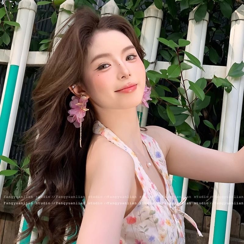 雰囲気のあるロマンチックなグラデーション紫の花びらタッセルイヤリング、高級気質イヤリング、妖精の休暇スタイルイヤリング|undefined