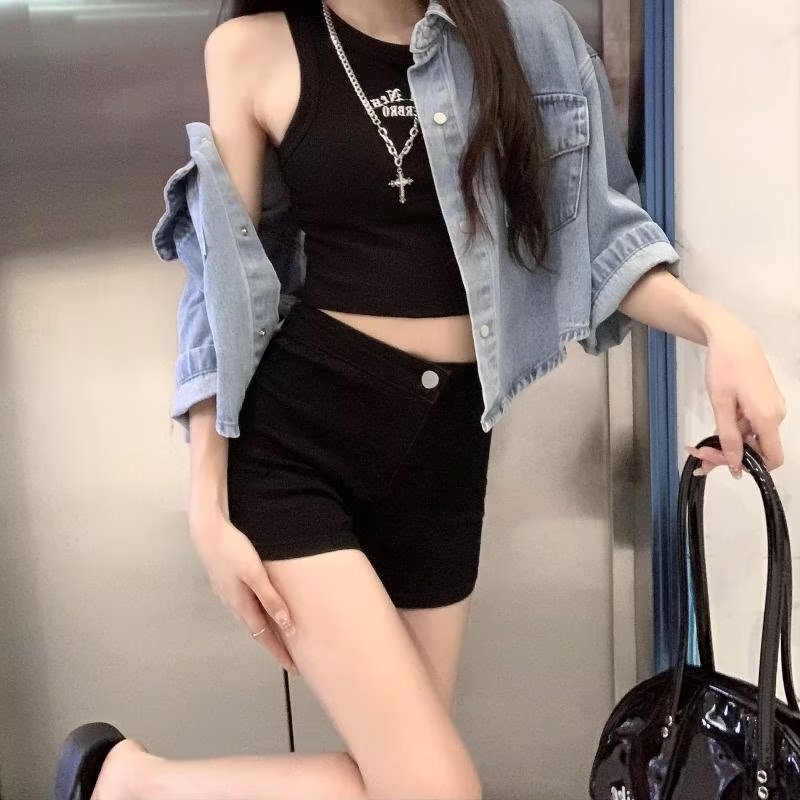 Wholesale High-Waisted Versatile Denim Shorts for Women, Summer A-Line Slimming Hot Girl Tight Elastic Black Sexy Hip-Hugging Hot Pants