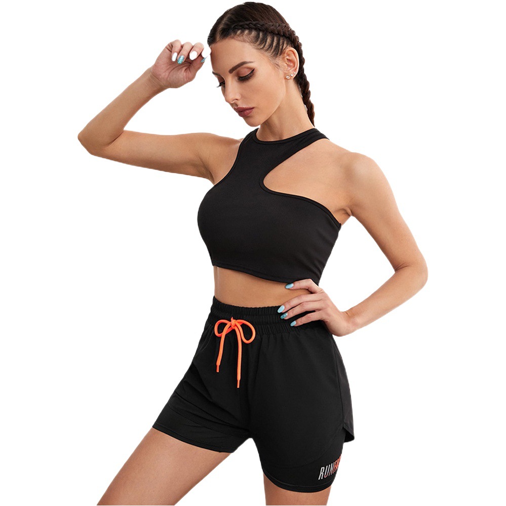 Pantalones cortos con cordón de color de contraste falsos de dos piezas pantalones cortos de tres letras deportivos casuales transpirables anti-exposición de las mujeres pantalones de yoga fitness