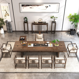 New Chinese style solid wood tea table office hotel reception Zen large board tea table home living room tea table and chair combination